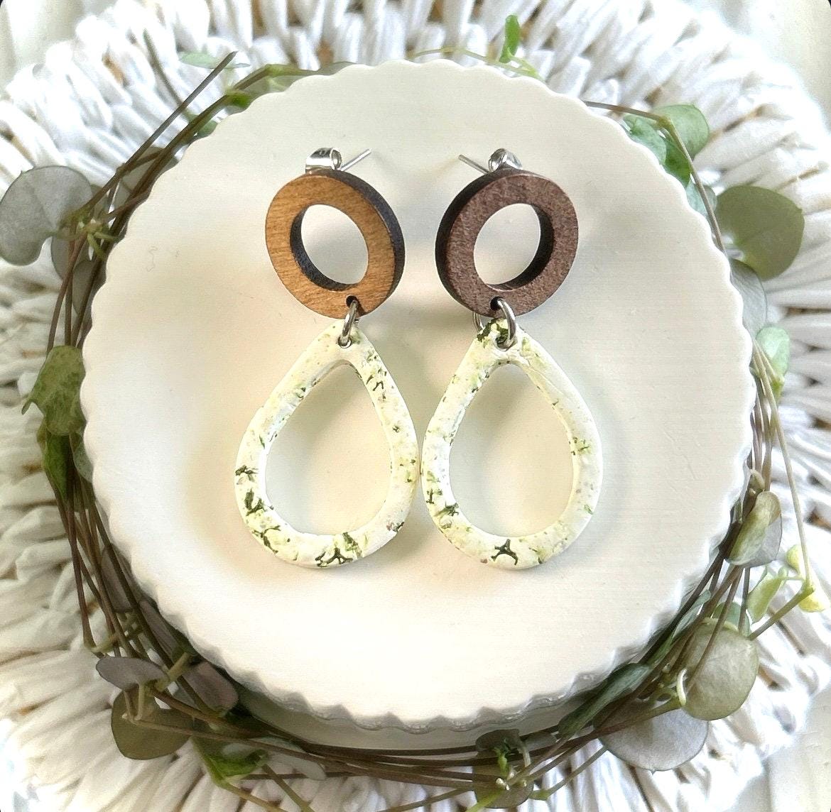 Moss Earrings, Green and White Teardrop Dangles, Clay and Wood Handmade Jewelry
