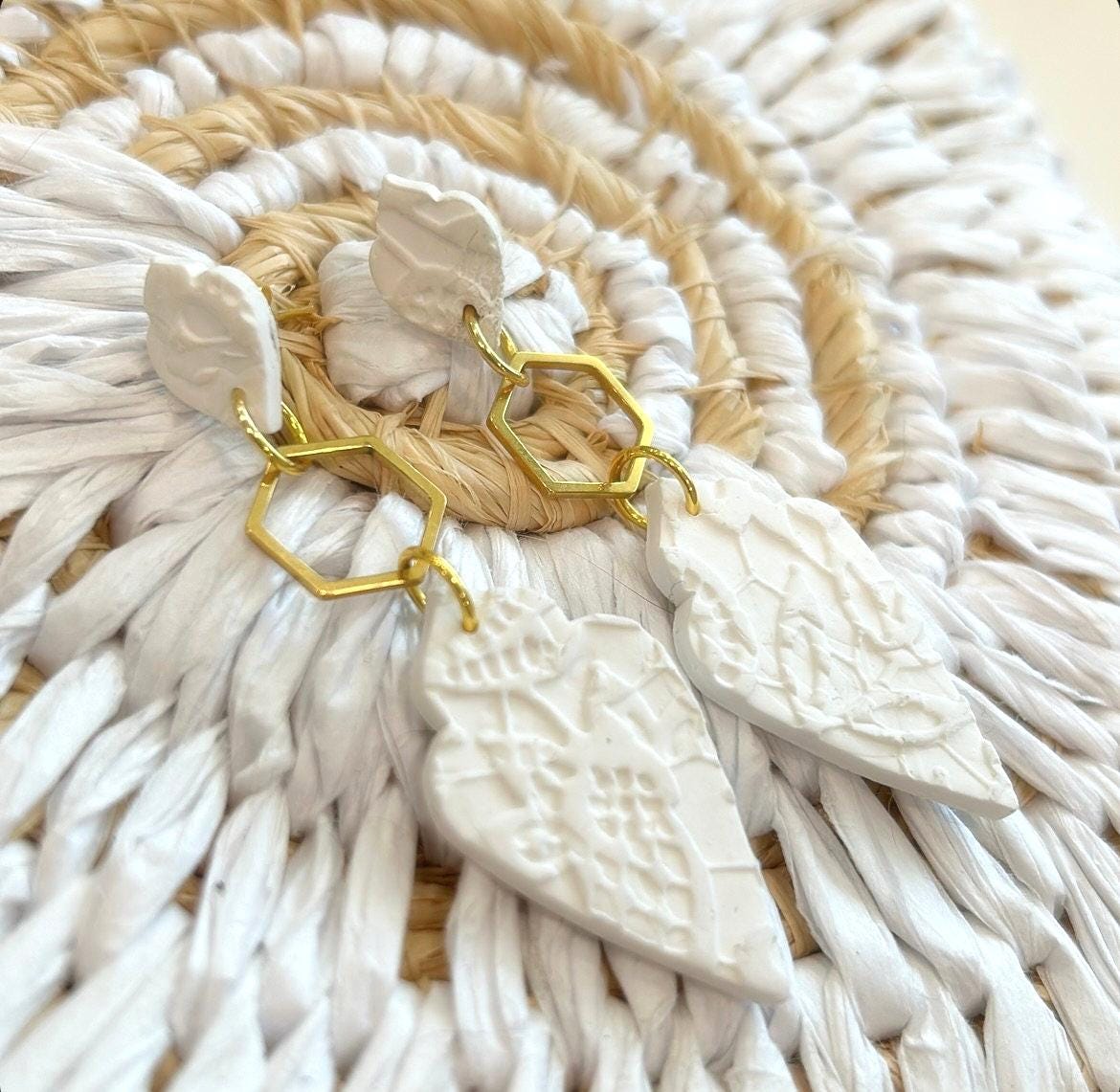 White and Gold Long Earrings, Modern Geometric Clay Dangles, Floral Embossed Handmade Jewelry