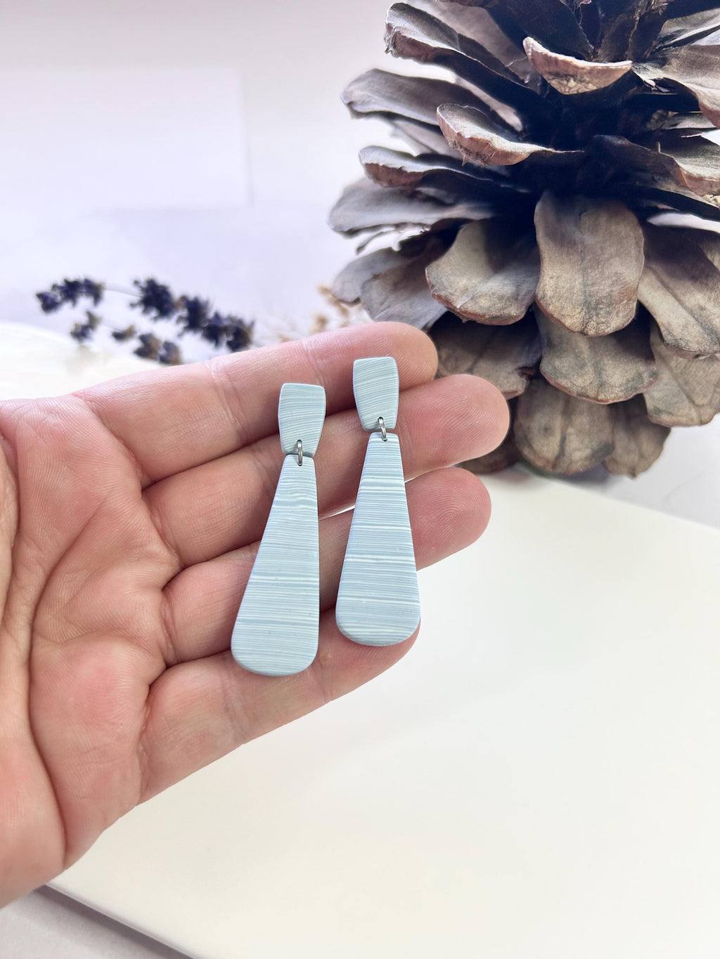 Light Blue and White Striped Dangle Earrings, Dusty Stud Dangles, Handmade Boho Jewelry Gift