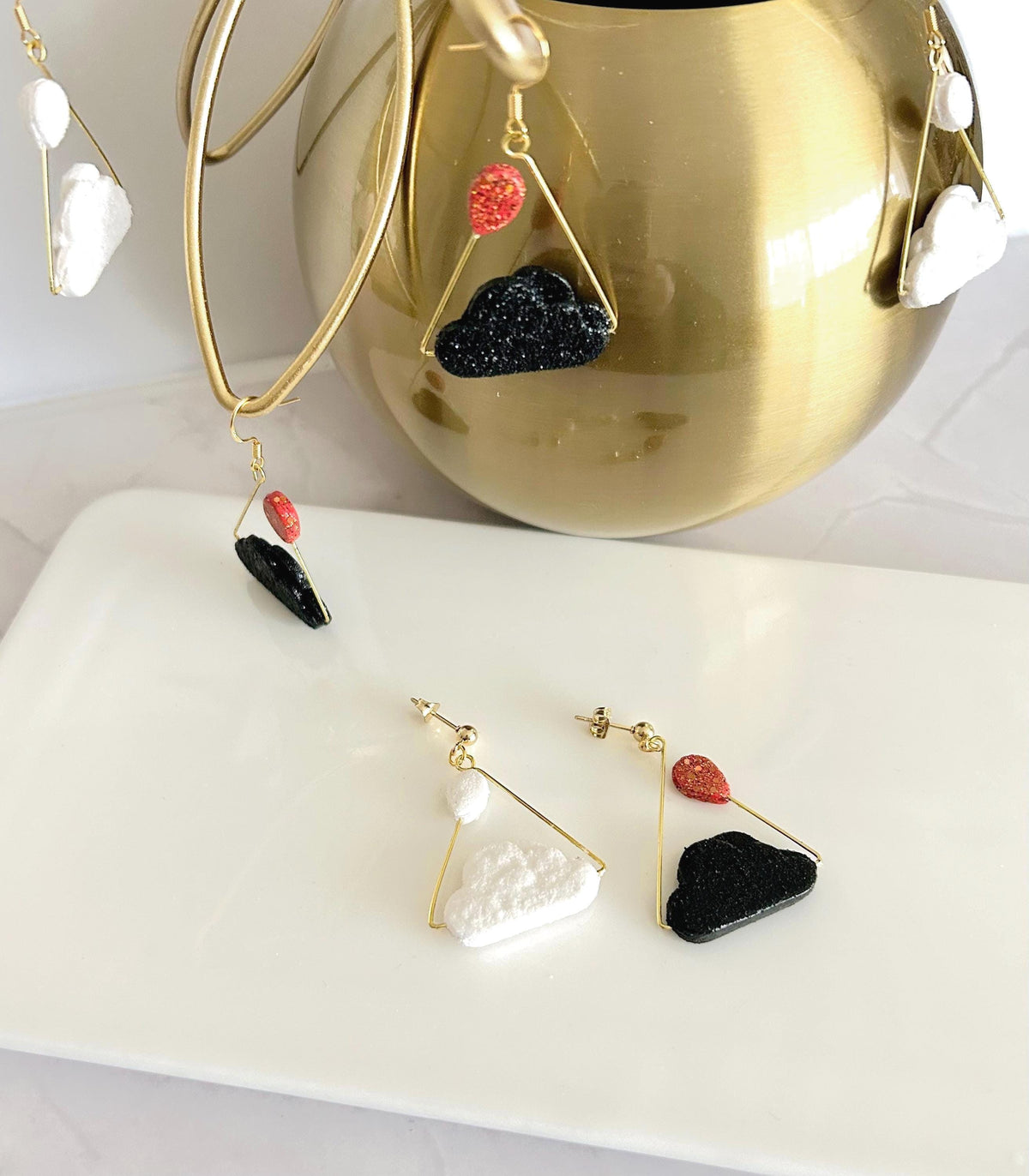 Rain Cloud Earrings, Red, White, Black, Gold, Handmade Clay Unique Gift