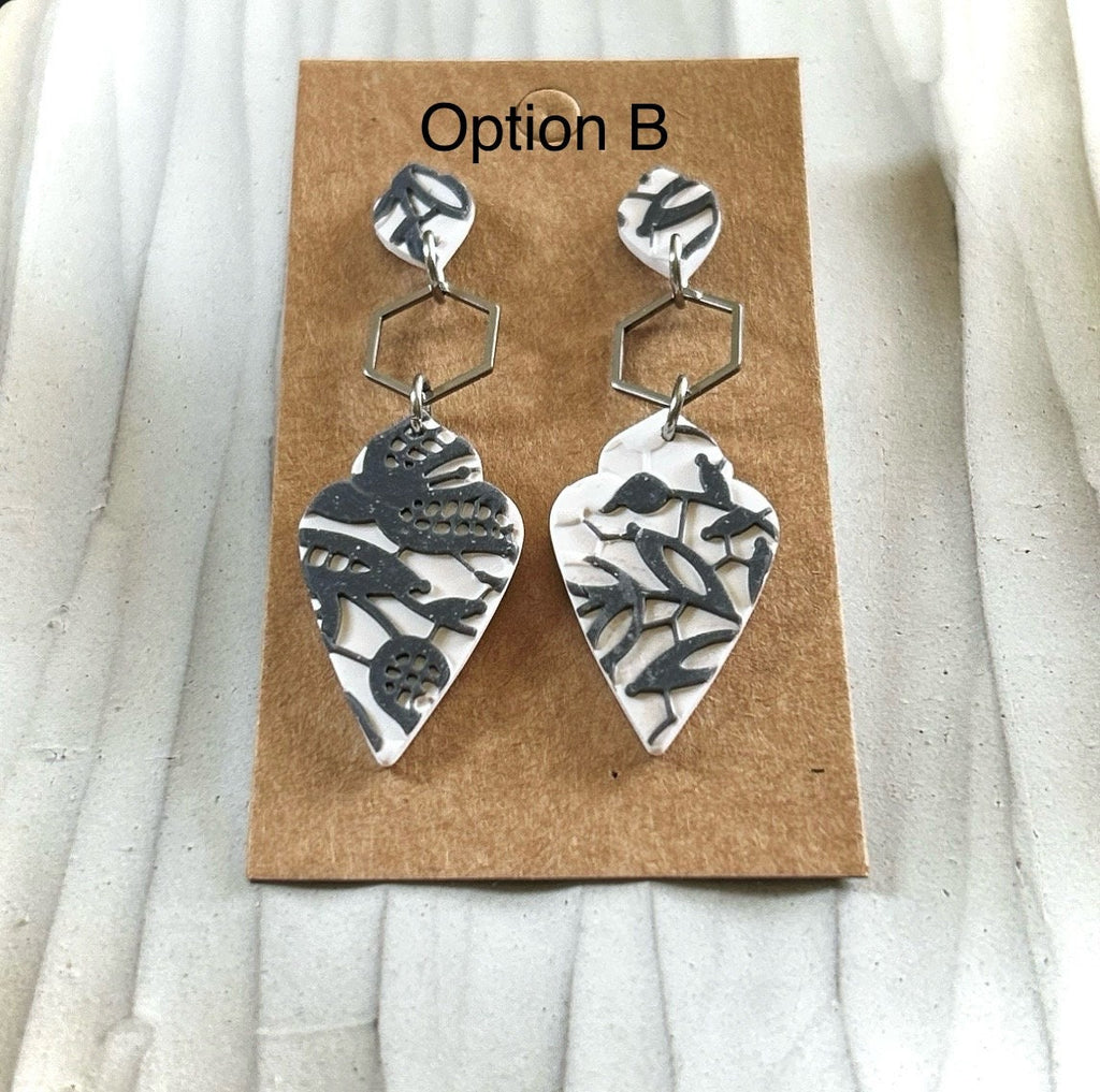 Black and White Boho Earrings, Charcoal Lace Embossed Floral Clay Dangles, Handmade Jewelry