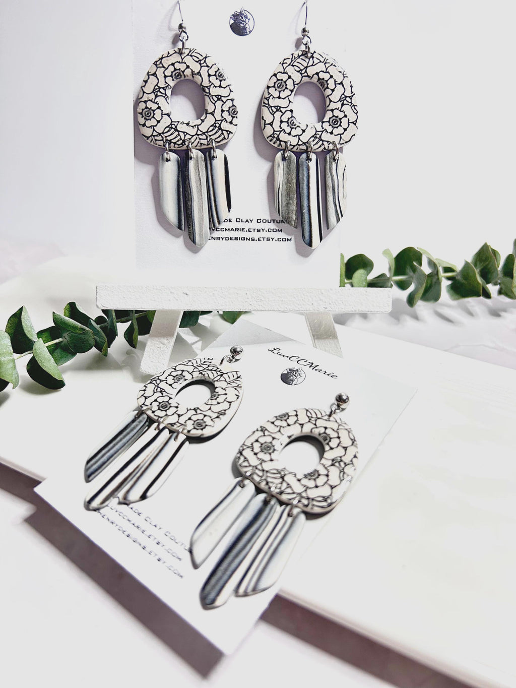 Black and White Chandelier Earrings, Tudor Rose Clay Dangles, Boho Wedding Floral Jewelry