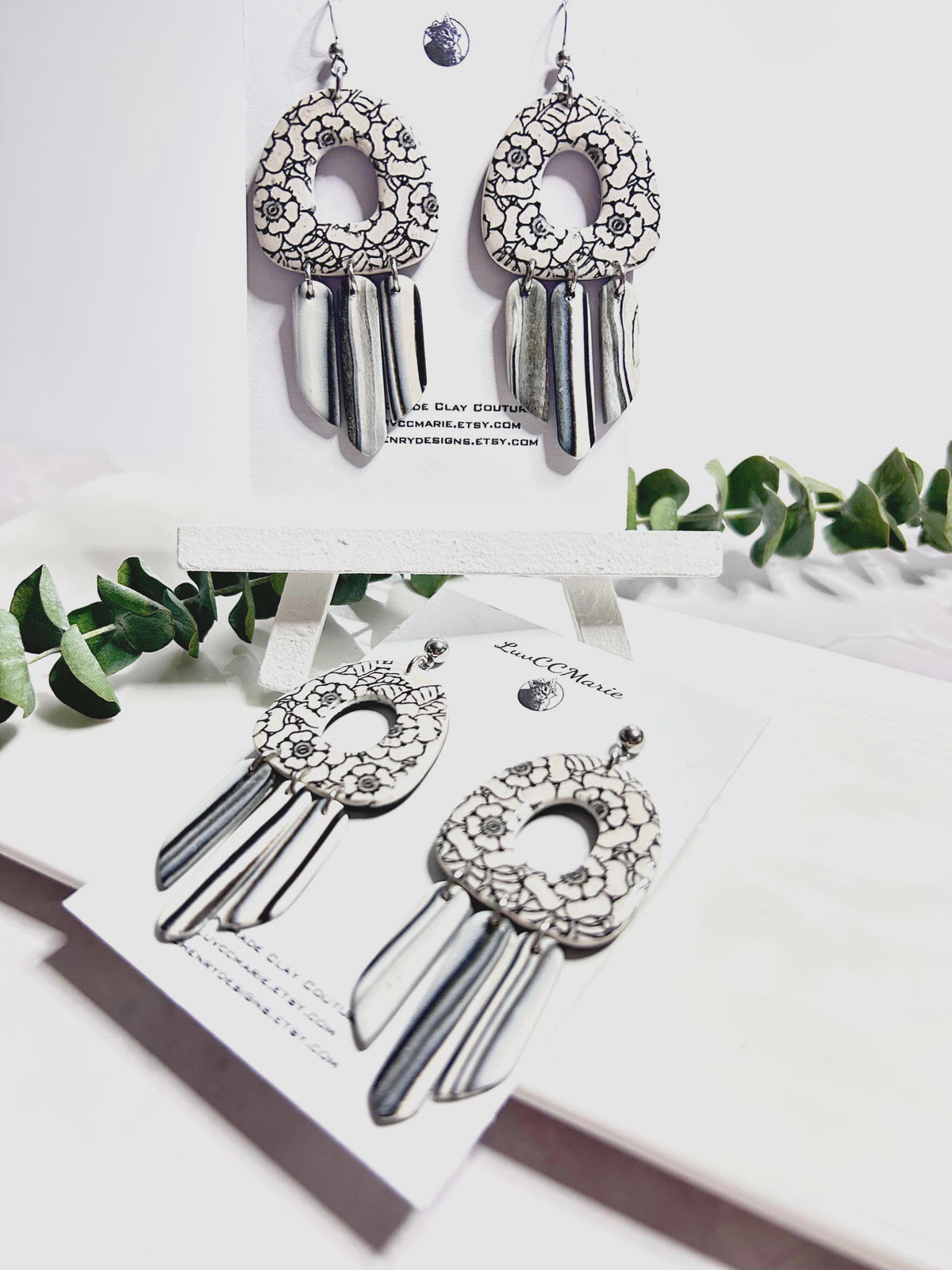 Black and White Chandelier Earrings, Tudor Rose Clay Dangles, Boho Wedding Floral Jewelry
