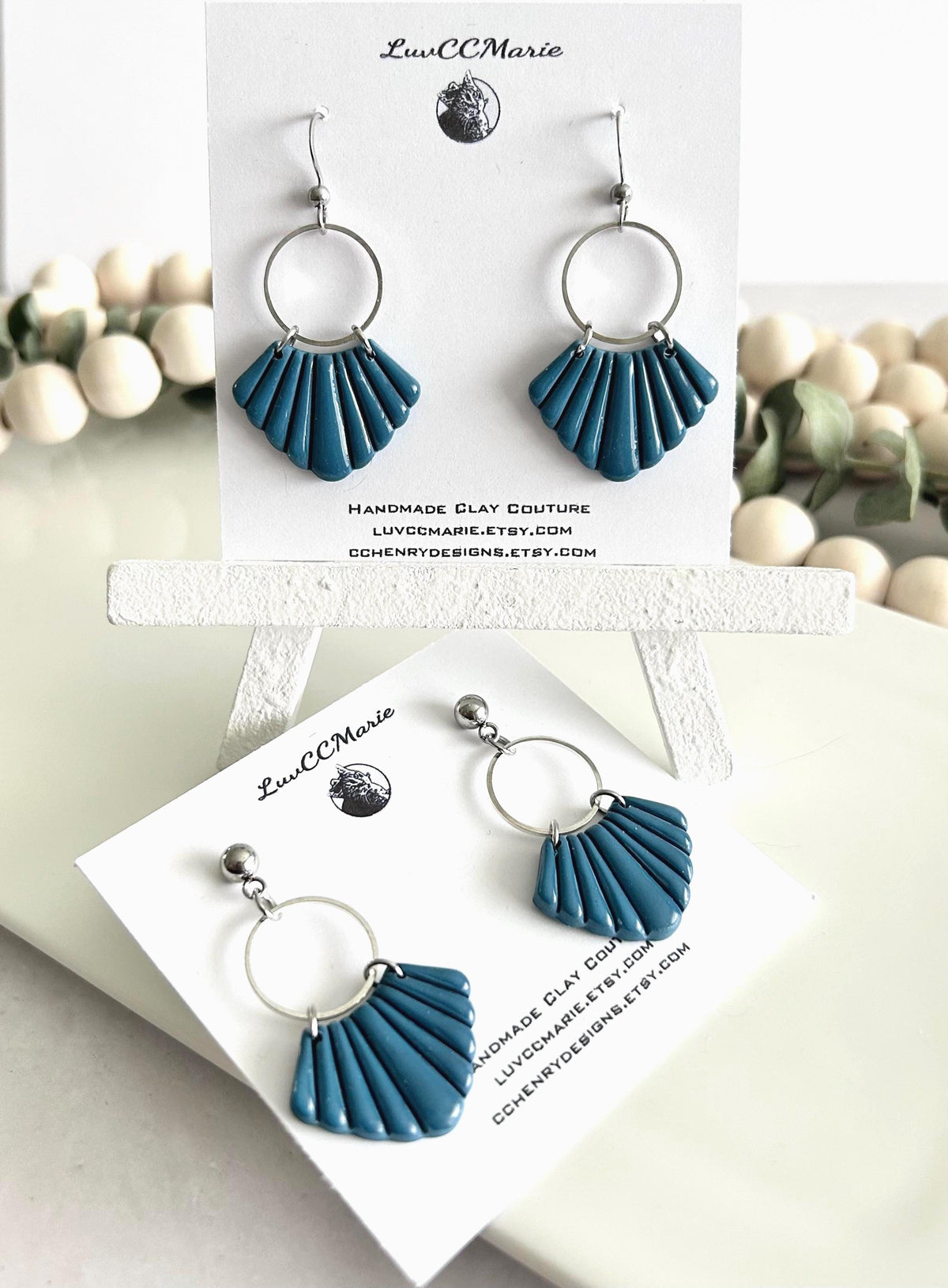 Teal Blue and Silver Dangle Earrings, Handmade Clay Hoop Dangles, Coastal Vacation Jewelry Gift