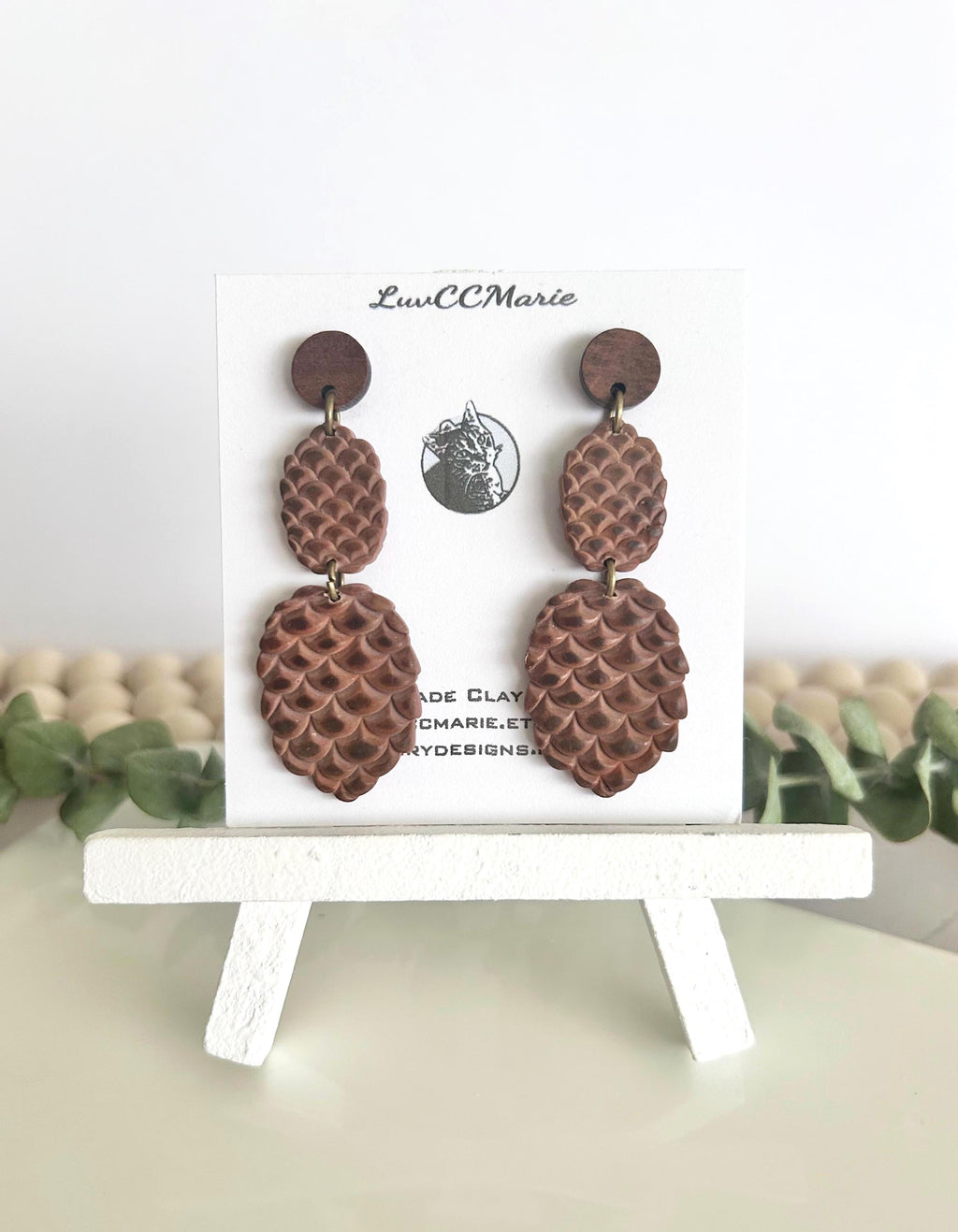 Handmade Pine Cone Statement Stud Dangle Earrings: Wood & Clay Fall Boho Jewelry