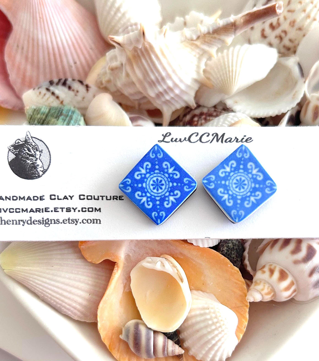 Handmade Cobalt Blue Tile Stud Earrings: Boho Mediterranean Jewelry