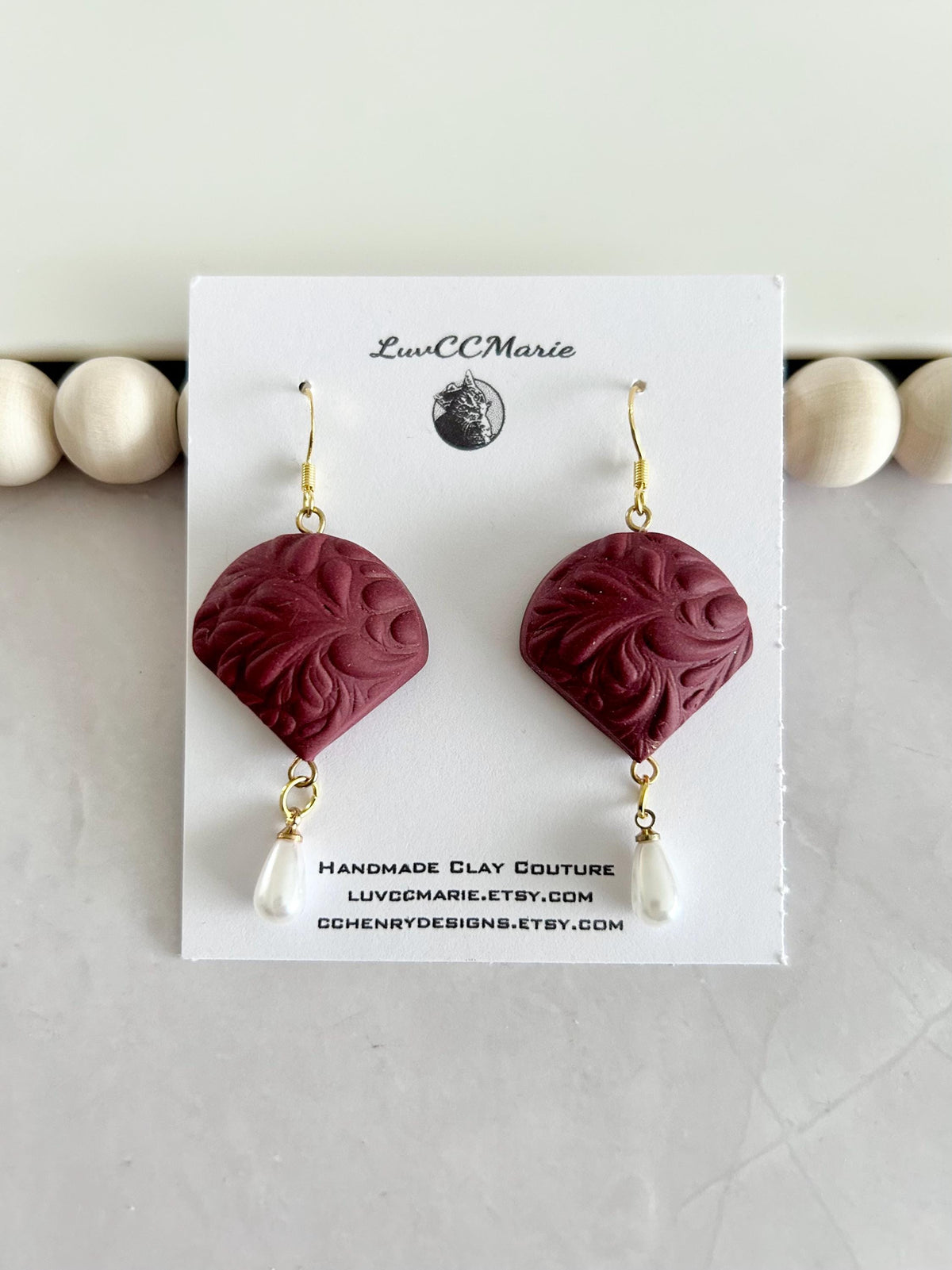 Dark Red or Matte Black Pearl Earrings, Clay and Gold Floral Jewelry Handmade Gift