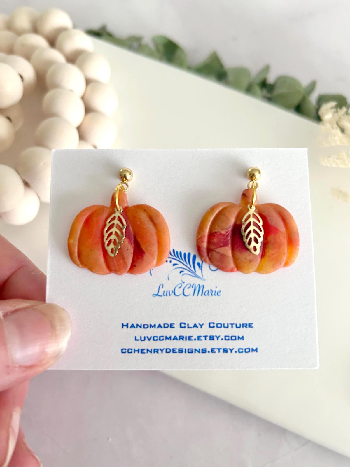 Pumpkin Hoops, Burgundy Marbled Fall Earrings, Gold Leaf Hoop Dangles, Handmade Clay Autumn Jewelry