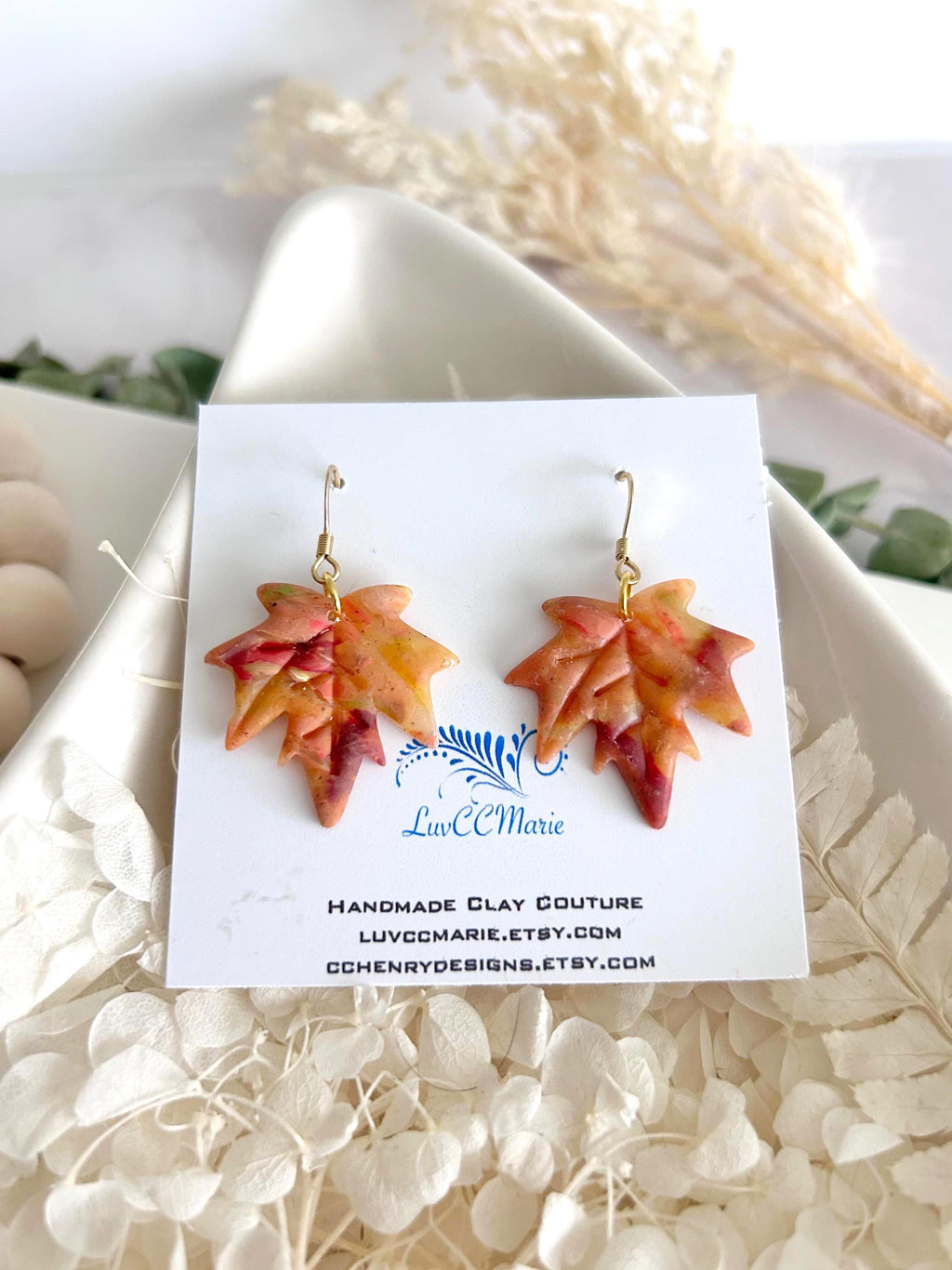 Maple Leaf Dangle Earrings, Clay Stud Dangles, Handmade Multicolor Fall Jewelry