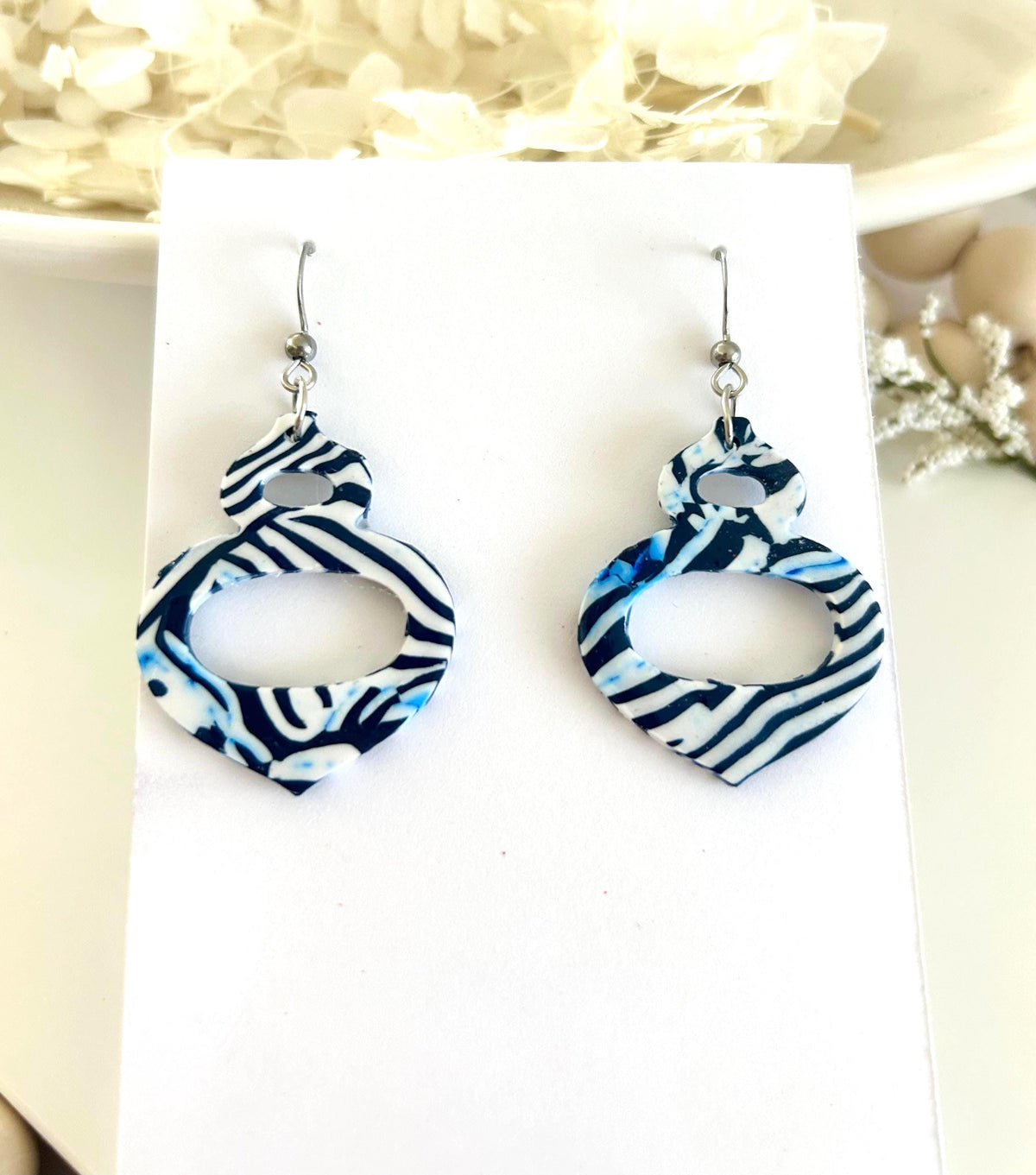 Navy and White Clay Earrings, Modern Moroccan Drop Dangles, Handmade Jewelry Gift