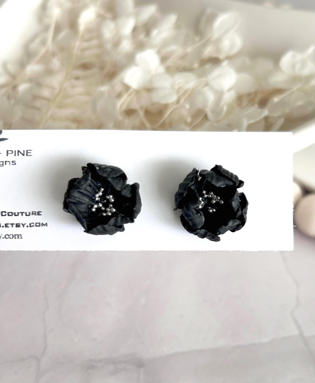Black Flower Stud Earrings, Big Floral Post Studs, Unique Garden Jewelry Gift
