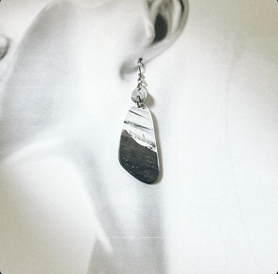 Marbled Clay Dangle Earrings: Gray Black White Boho Jewelry