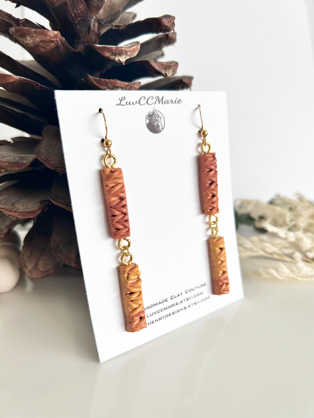 Mustard Yellow Dangle Earrings, Knit Ombre Burnt Orange Clay Dangles, Handmade Jewelry for Mom
