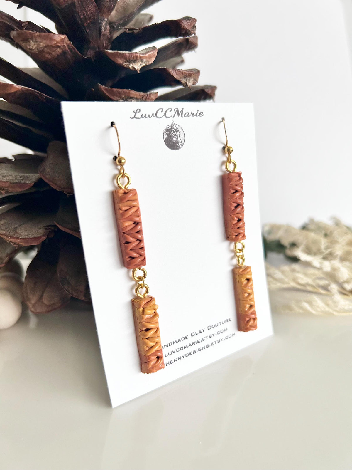 Mustard Yellow Dangle Earrings, Knit Ombre Burnt Orange Clay Dangles, Handmade Jewelry for Mom