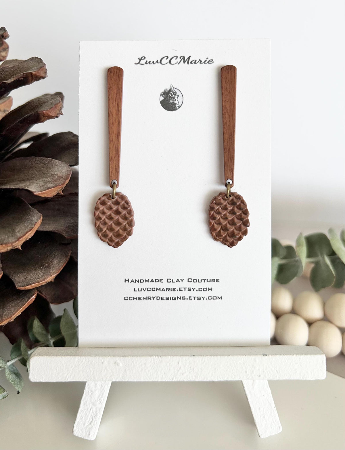 Pine Cone Clay Earrings, Wood Bar Drop Dangles, Handmade Lightweight Boho Jewelry