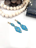 Teal Gold Baroque Earrings, Clay Long Dangles, Handmade Fashion Jewelry Gift