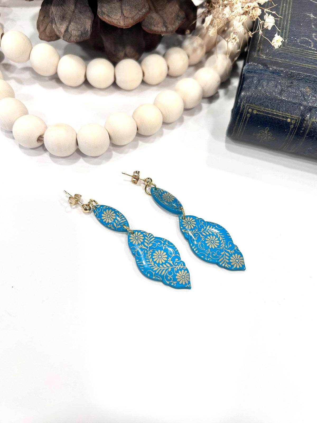 Teal Gold Baroque Earrings, Clay Long Dangles, Handmade Fashion Jewelry Gift