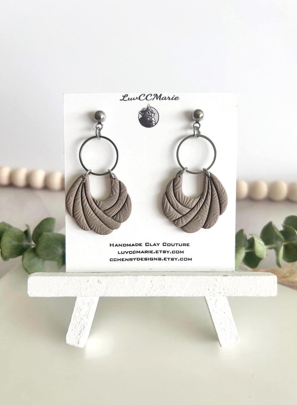 Handmade Khaki Clay Earrings: Boho Floral Embossed Dangles