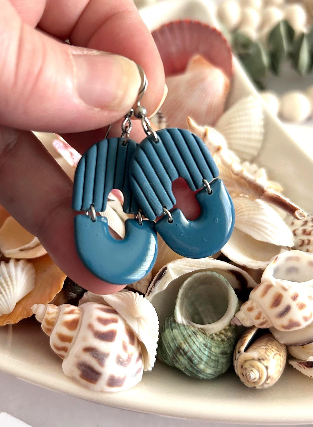 Teal Blue Modern Geometric Stripe Minimal Dangle Earrings, Clay Arch Drop Dangles, Handmade Jewelry
