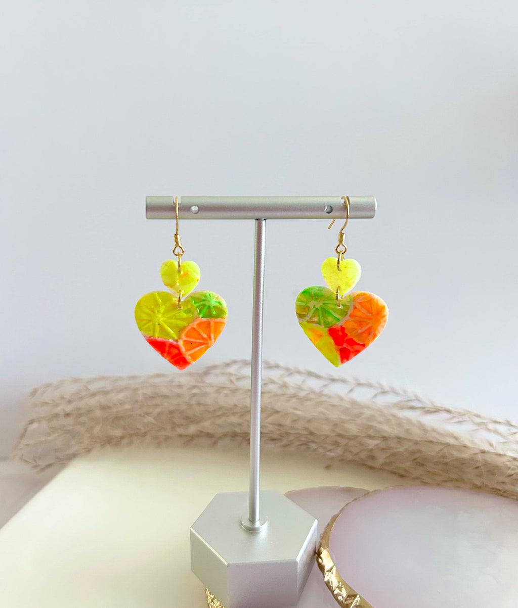 Neon Orange Heart Earrings, Grapefruit, Lemon, Lime, Unique Handcrafted Dangles, 90s Statement Clay Jewelry