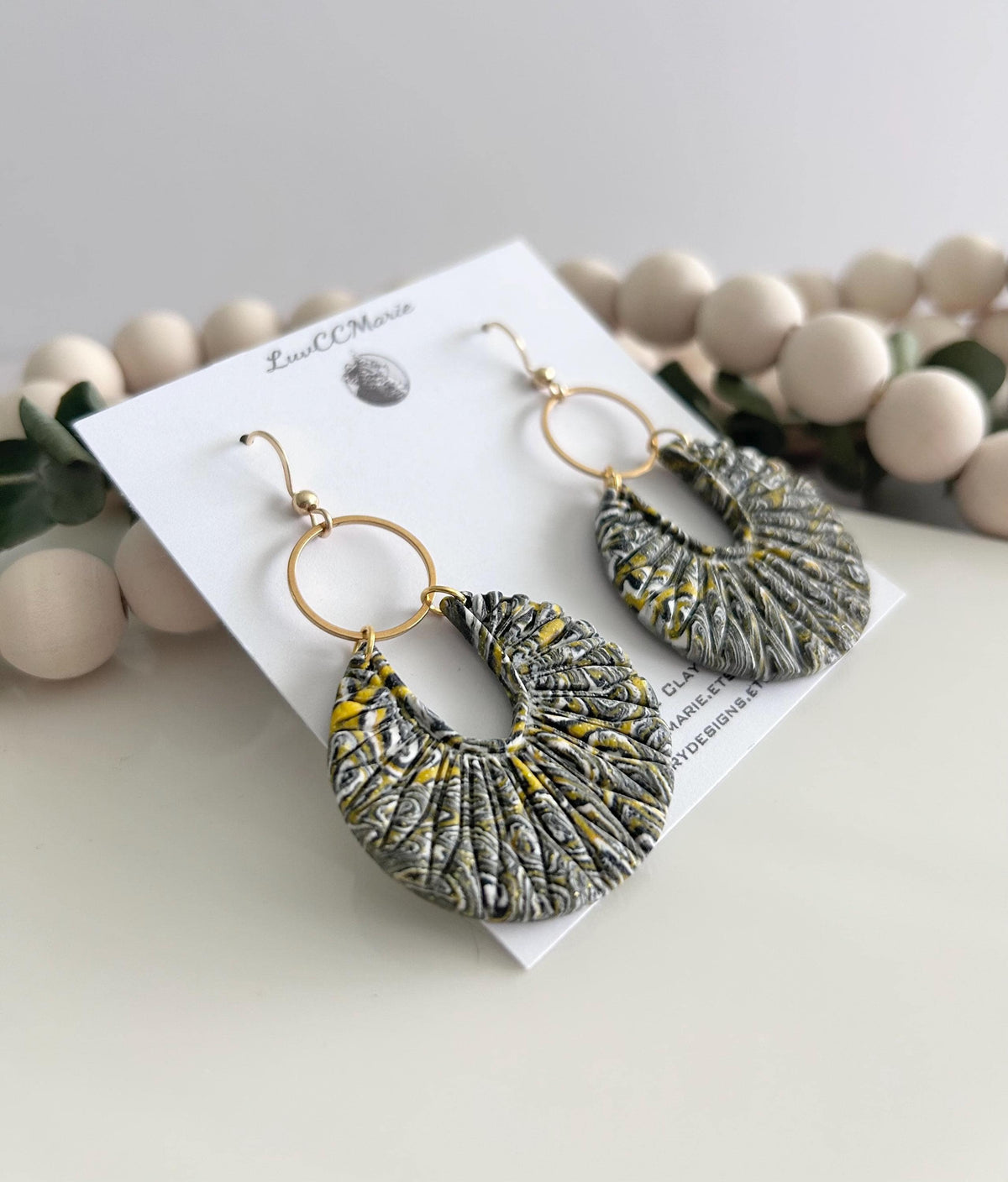 Black and Gold Boho Earrings, Statement Abstract Dangles with Brass Hoop, Handmade Clay Jewelry Gift