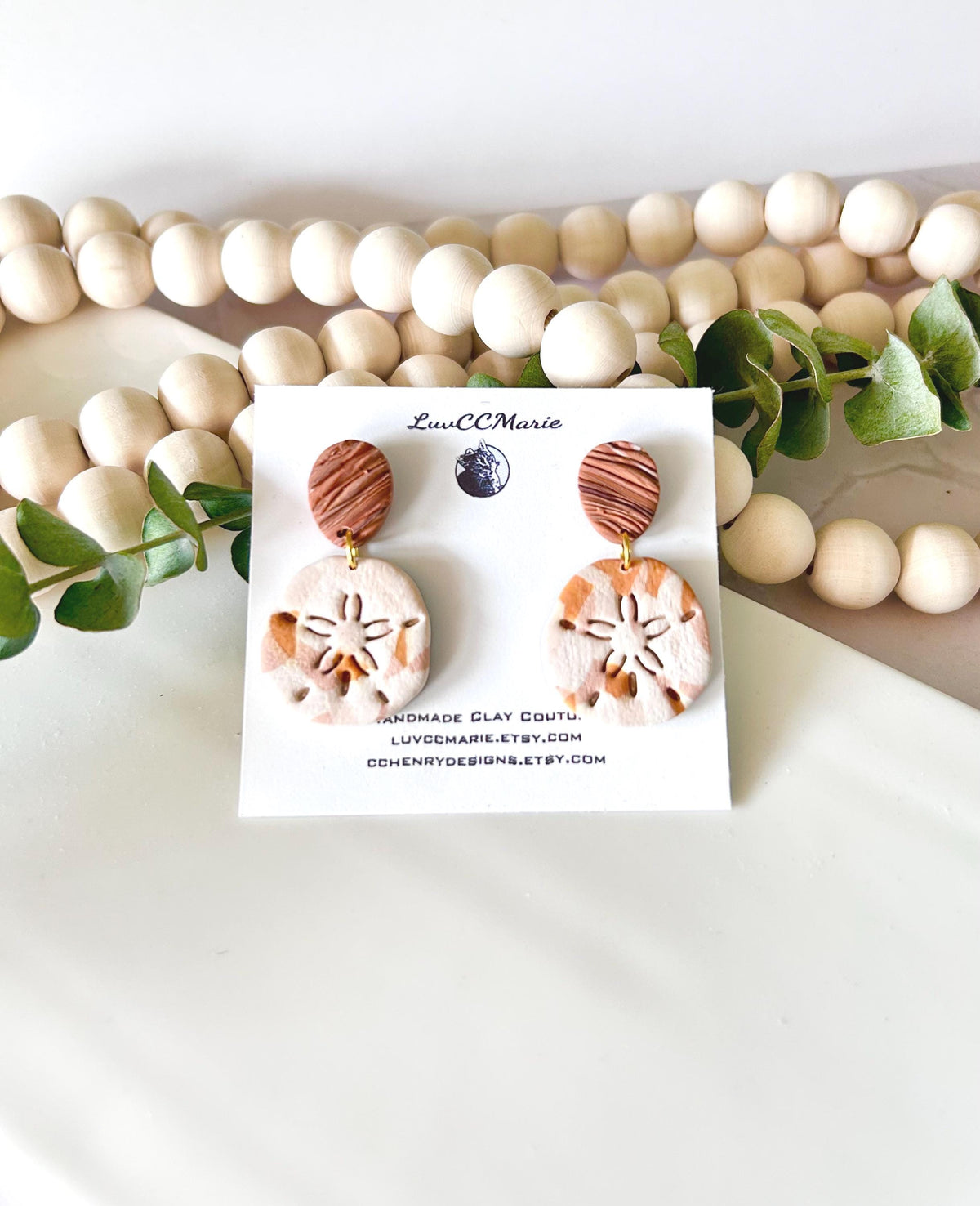 Sand Dollar Beach Earrings, Terracotta White Seashell Dangles, Handmade Clay Coastal Vacation Jewelry Gift