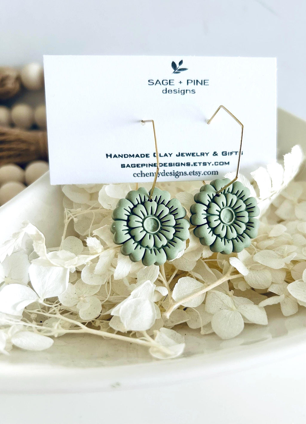Spring Floral Clay Earrings, Sage Green Hoop Dangles, Boho Hypoallergenic Lightweight Jewelry