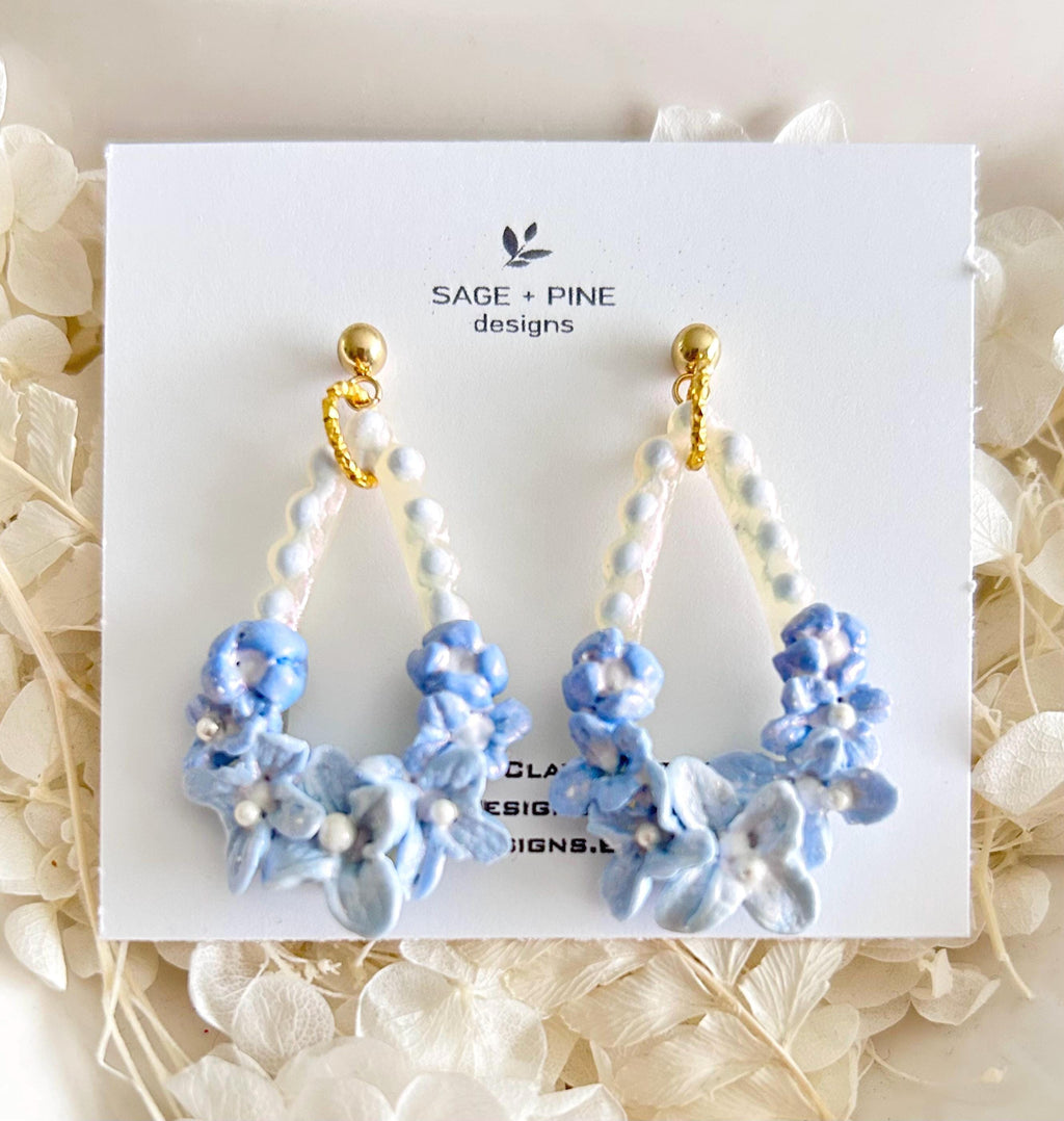 Blue Dangle Flower Earrings, Big Floral Drop Dangles, Iridescent Pearl Unique Statement Jewelry Gift