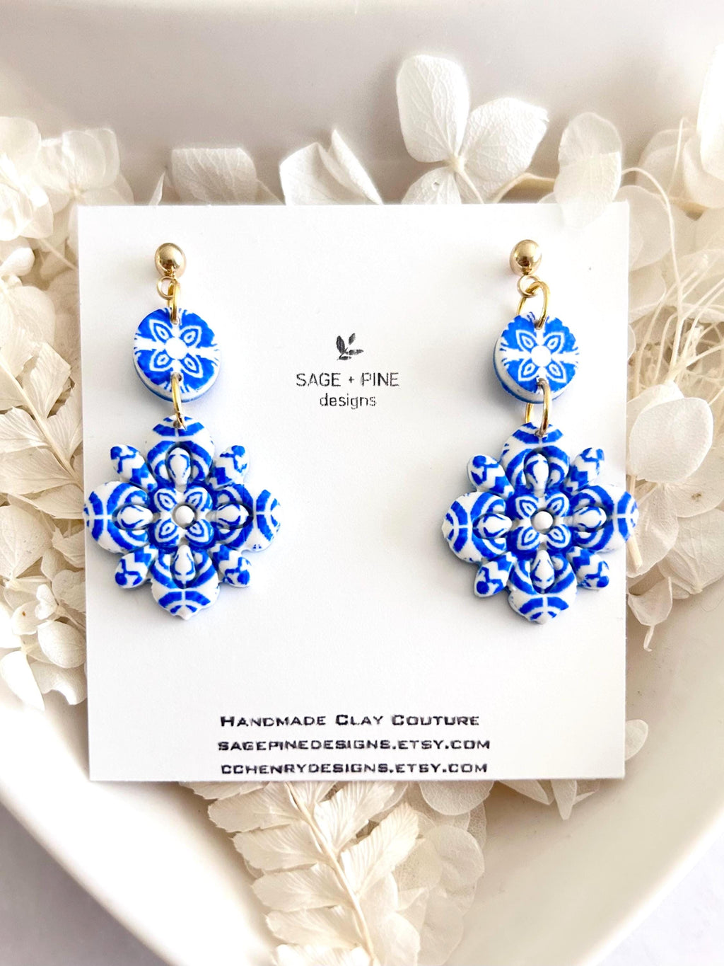 Blue & White Santorini Tile Clay Earrings, Flower Drop Dangles, Athens Jewelry Mediterranean Gift