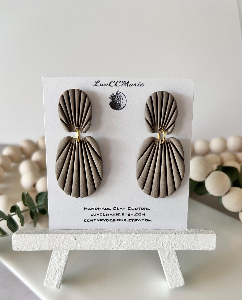 Khaki Neutral Seashell Earrings, Stud Drop Dangles, Coastal Beach Vacation Clay Jewelry, Hypoallergenic Lightweight