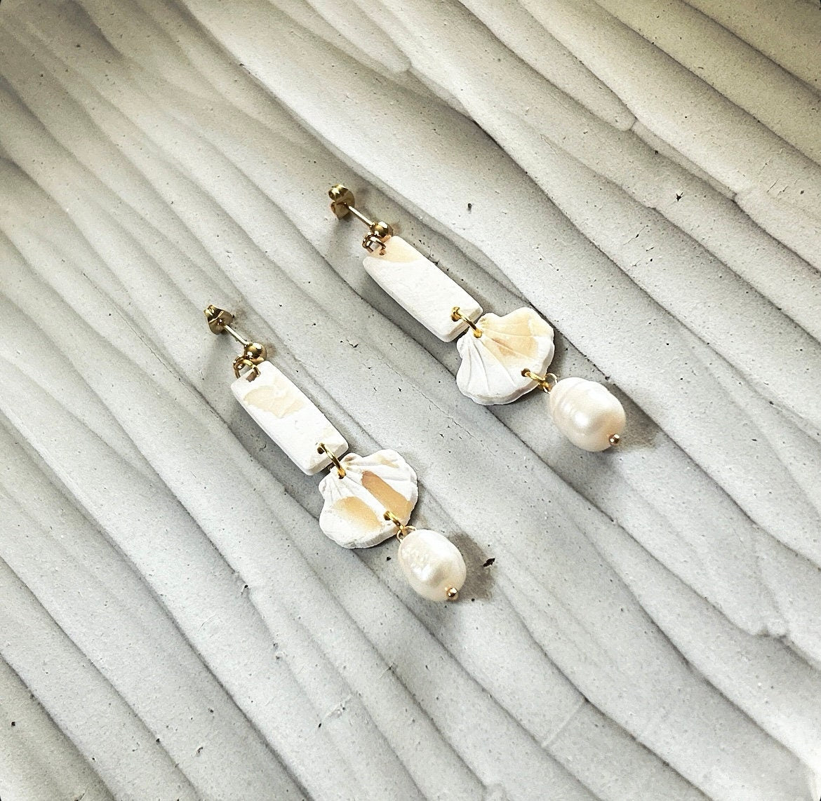 Seashell Earrings, Cream and White Clay Dangles, Coastal Beach Vacation Handmade Jewelry