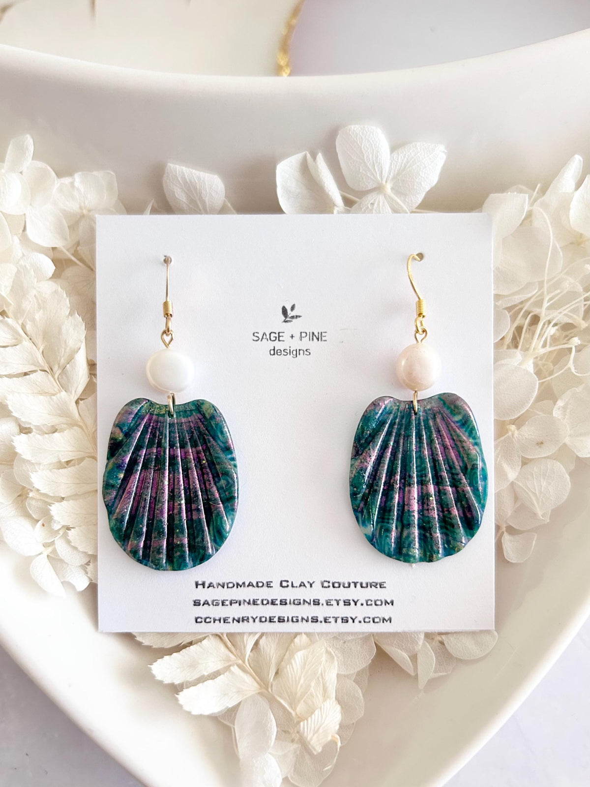 Pearl Shell Dangle Earrings, Abalone Inspired Seashell Dangles, Handmade Clay Coastal Jewelry