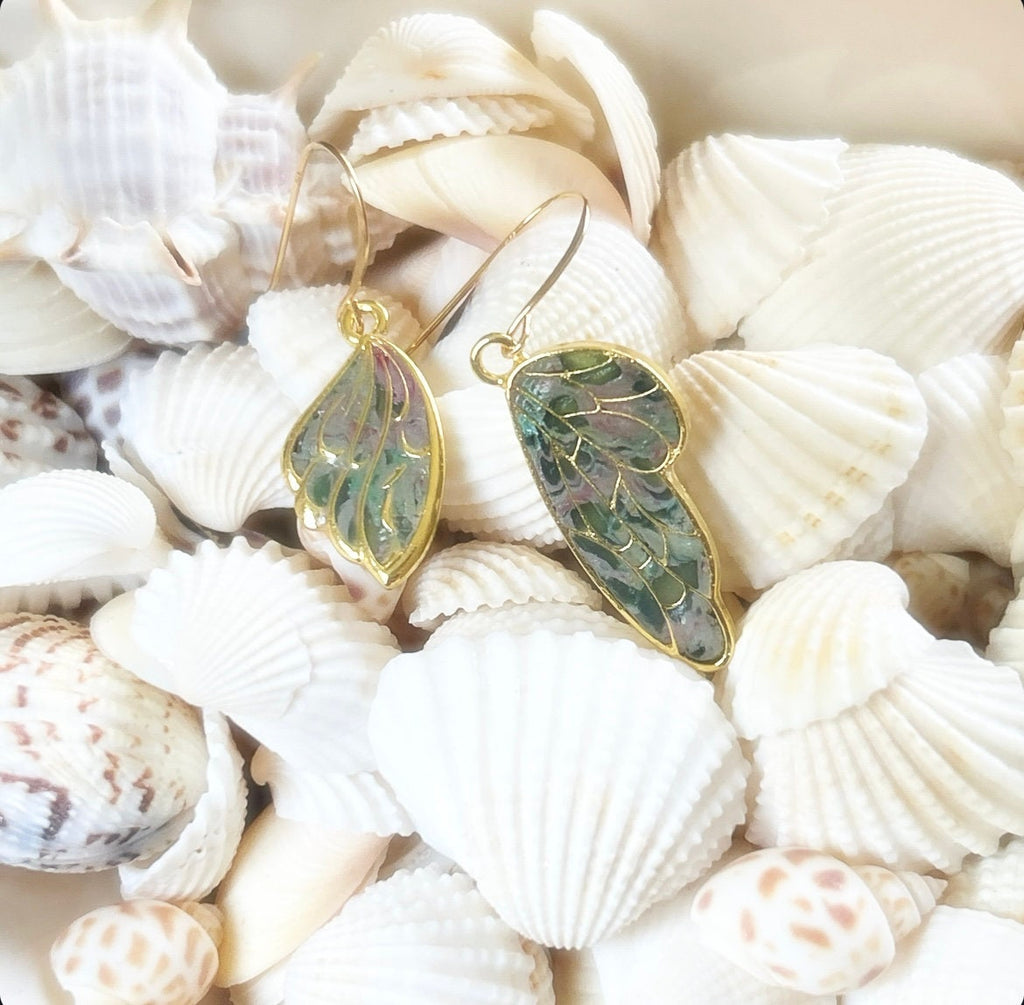 Handmade Clay Wing Earrings, Gold Dangles, Small Lightweight Boho Jewelry