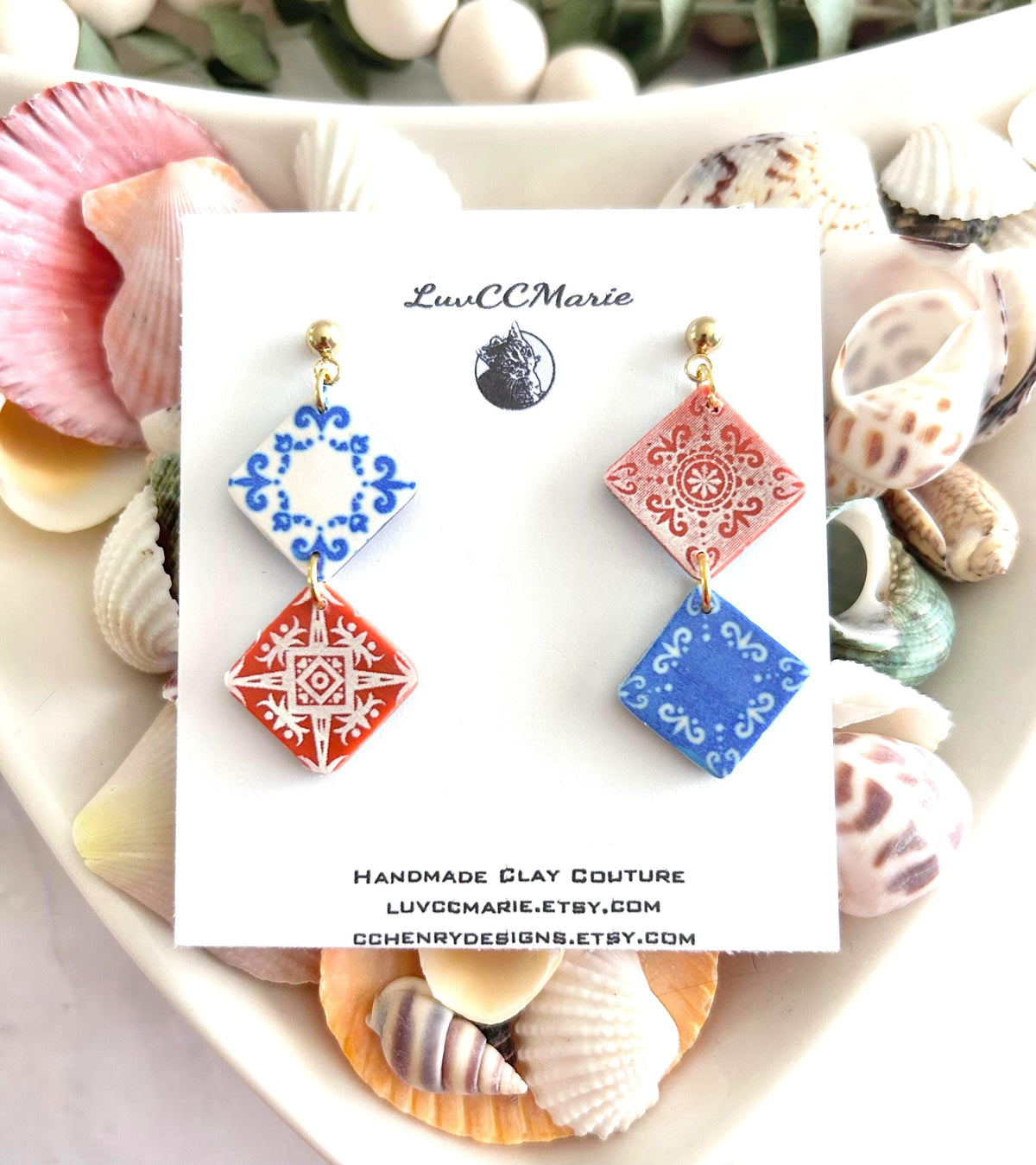 Talavera Clay Tile Earrings, Blue White Coral Dangles, Mexican Terracotta, Mediterranean Jewelry