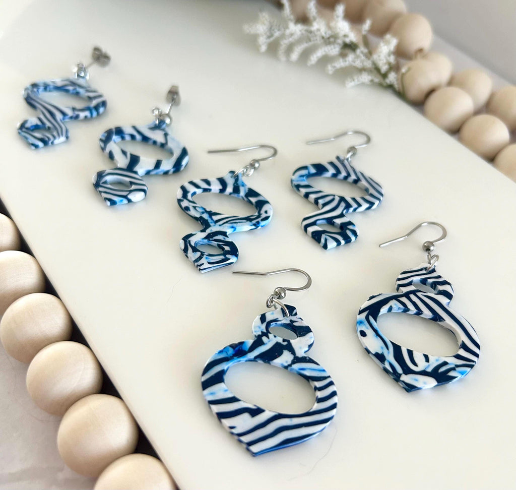 Navy and White Clay Earrings, Modern Moroccan Drop Dangles, Handmade Jewelry Gift