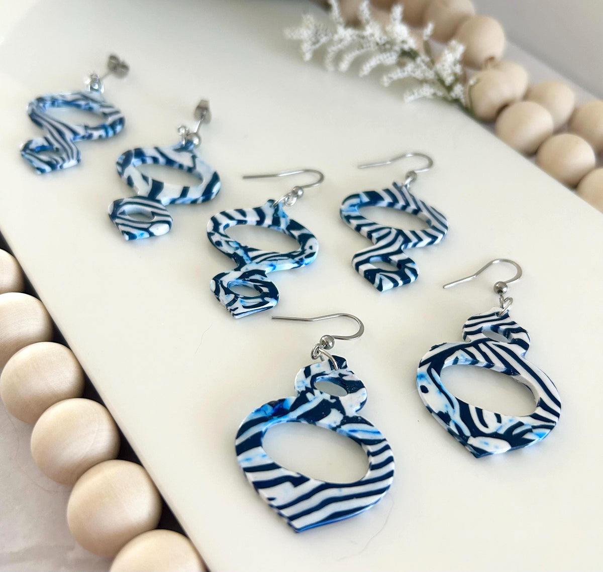 Navy and White Clay Earrings, Modern Moroccan Drop Dangles, Handmade Jewelry Gift