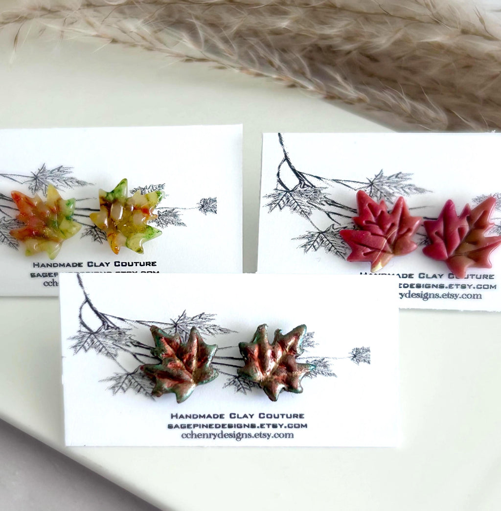 Fall Maple Leaf Stud Earrings, Multicolor Autumn Clay Studs, Handmade Boho Gift