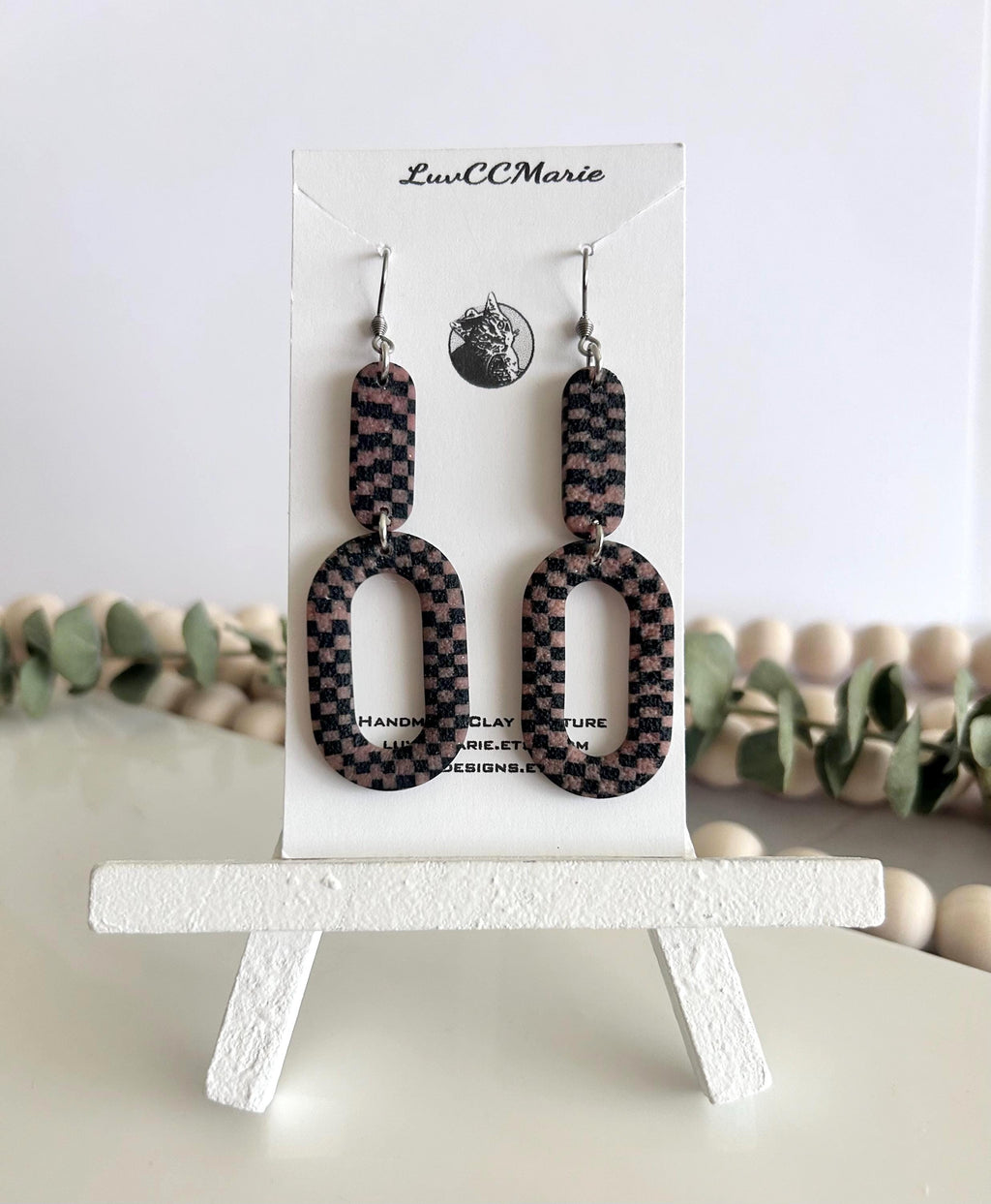 Pink Black Modern Gingham Dangle Earrings, Geometric Checkered Dangles, Handmade Clay Plaid Jewelry
