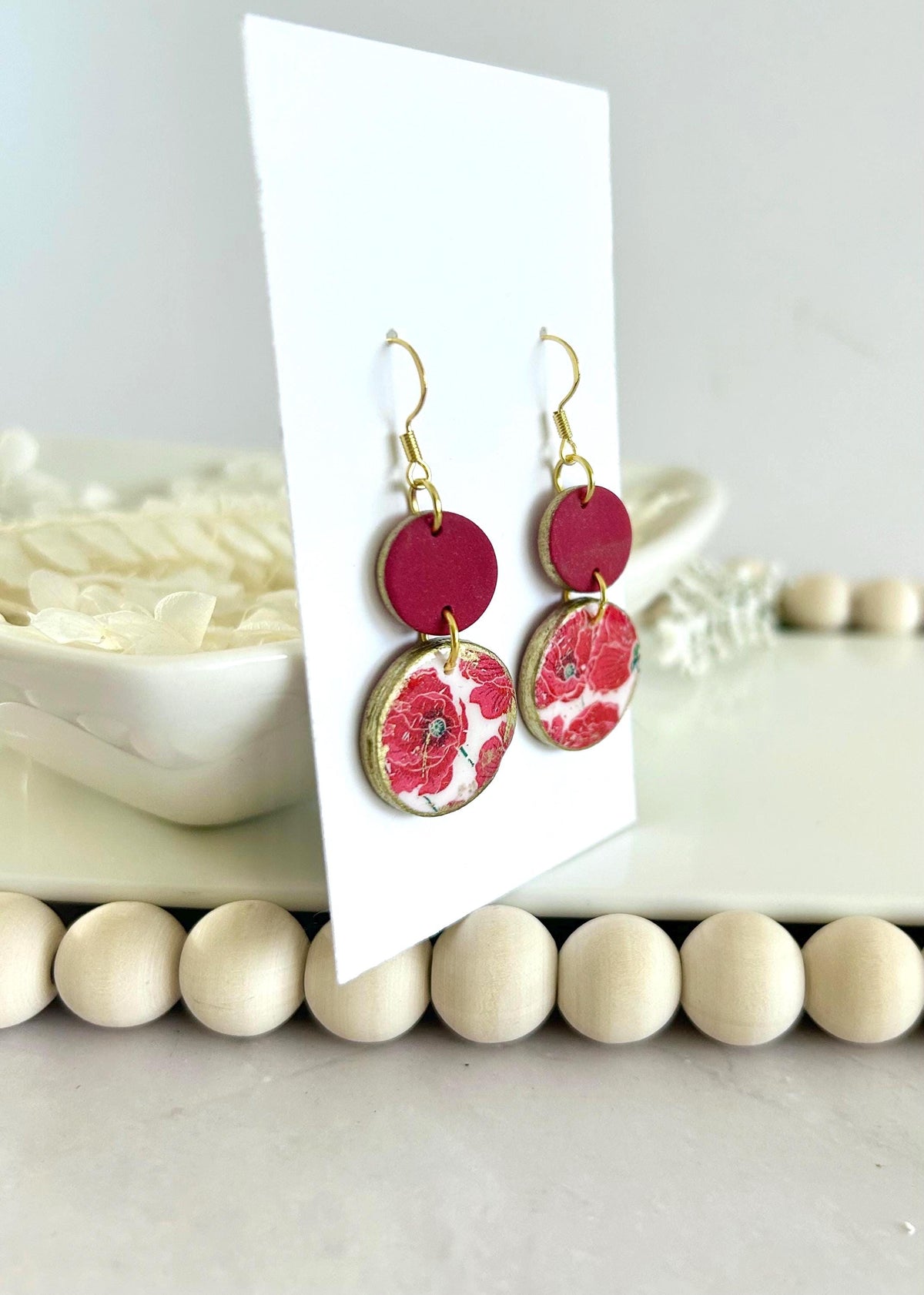 Dark Poppy Red Clay Earrings, Gold Floral Circle Dangles, Handmade Flower Boho Jewelry