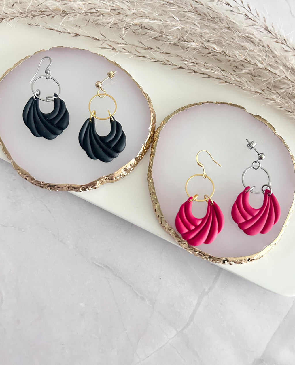 Vibrant Red Clay Dangle Hoop Earrings, Modern Dangles, Lightweight Handmade Polymer Jewelry