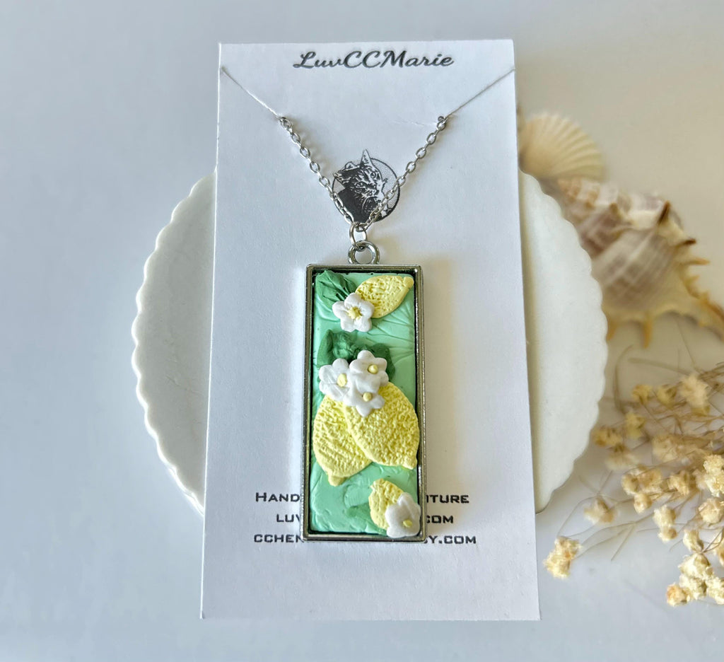 Mint Green Lemon Necklace, Fruit Clay Silver Pendant, Boho Jewelry