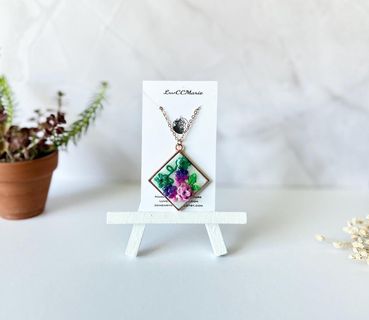 Handmade Polymer Clay Grapes & Rose Pendant Necklace, Rose Gold
