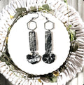 Seashell Earrings, Black Beach Dangles, Stainless Steel Long Hexagon Handmade Clay Boho Jewelry