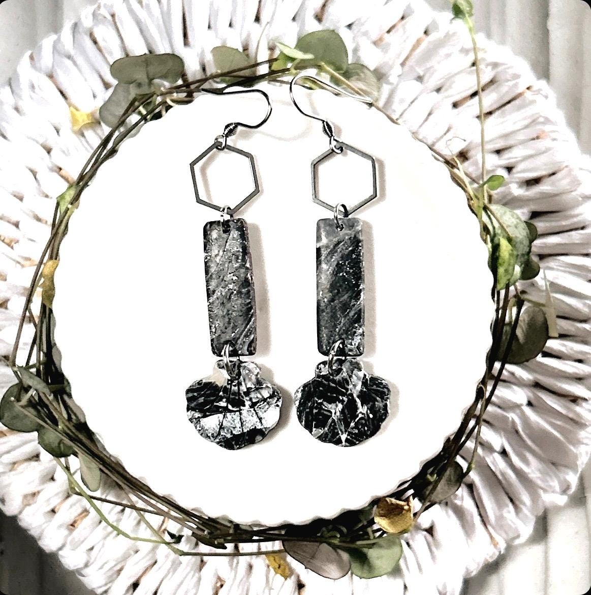 Seashell Earrings, Black Beach Dangles, Stainless Steel Long Hexagon Handmade Clay Boho Jewelry