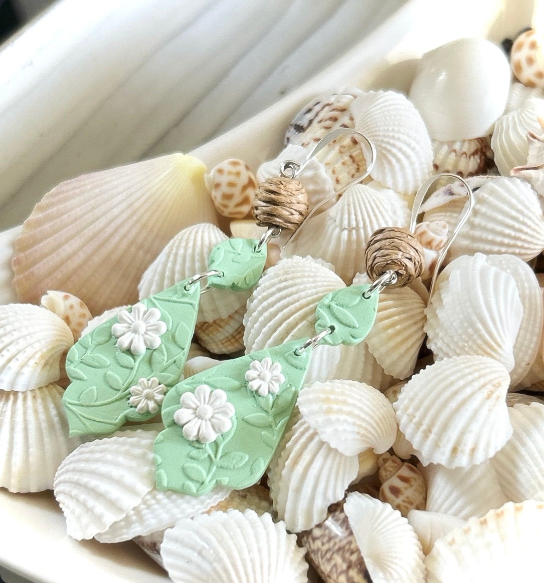 Green and White Daisy Earrings, Clay Drop Long Dangles, Handmade Floral Flower Jewelry