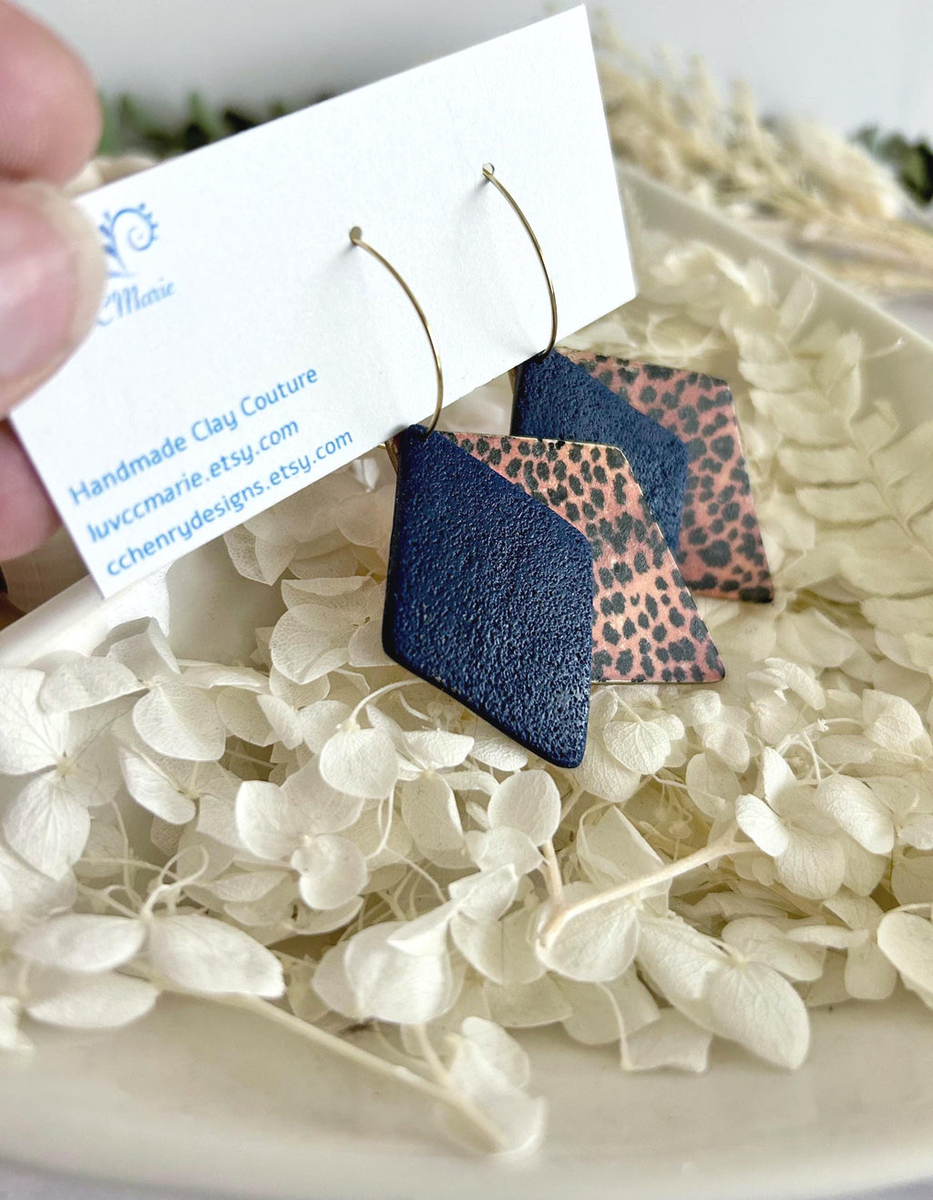 Navy Blue Leopard Print Hoop Earrings, Clay Dangles, Handmade Hypoallergenic Surgical Stainless Steel