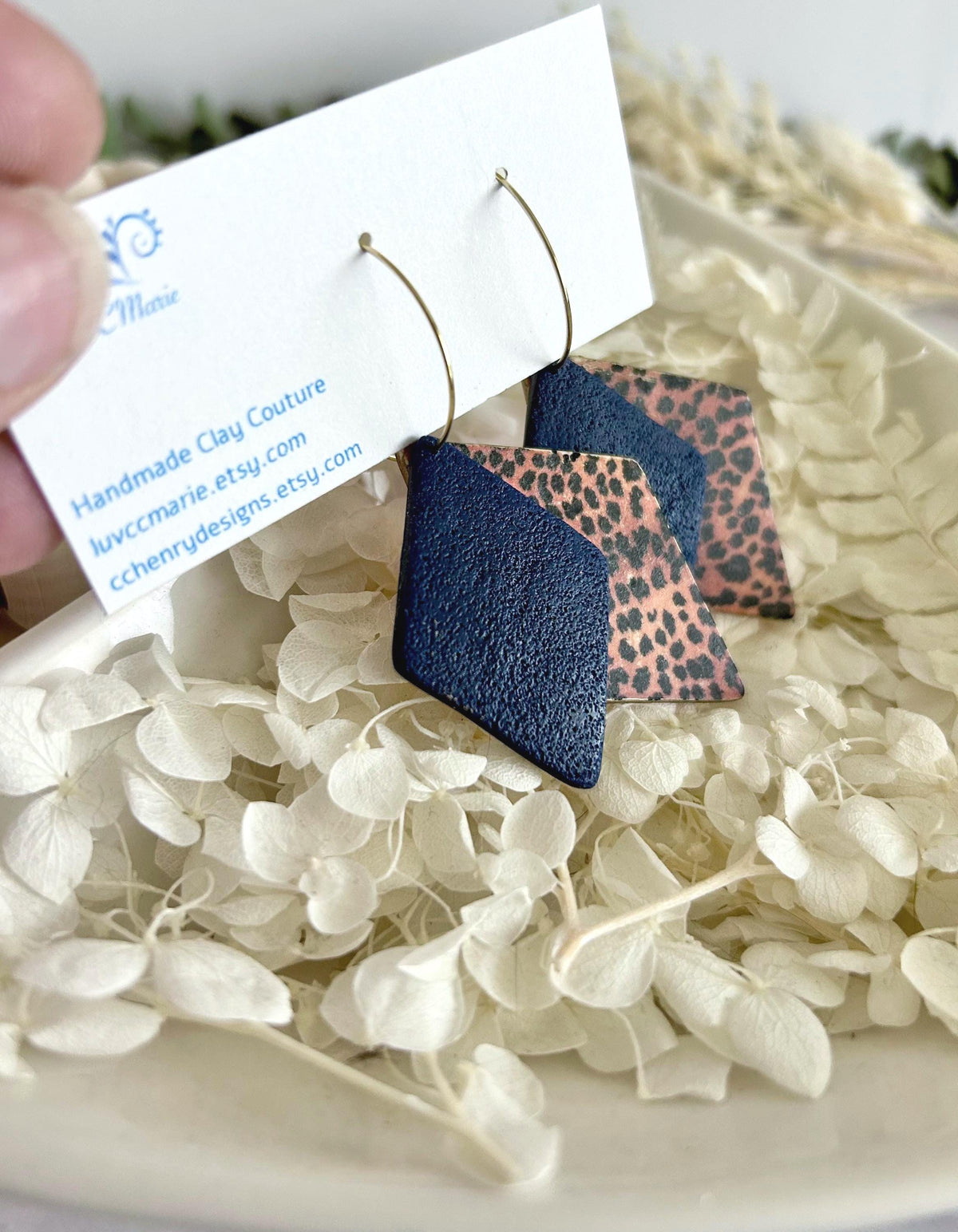 Navy Blue Leopard Print Hoop Earrings, Clay Dangles, Handmade Hypoallergenic Surgical Stainless Steel