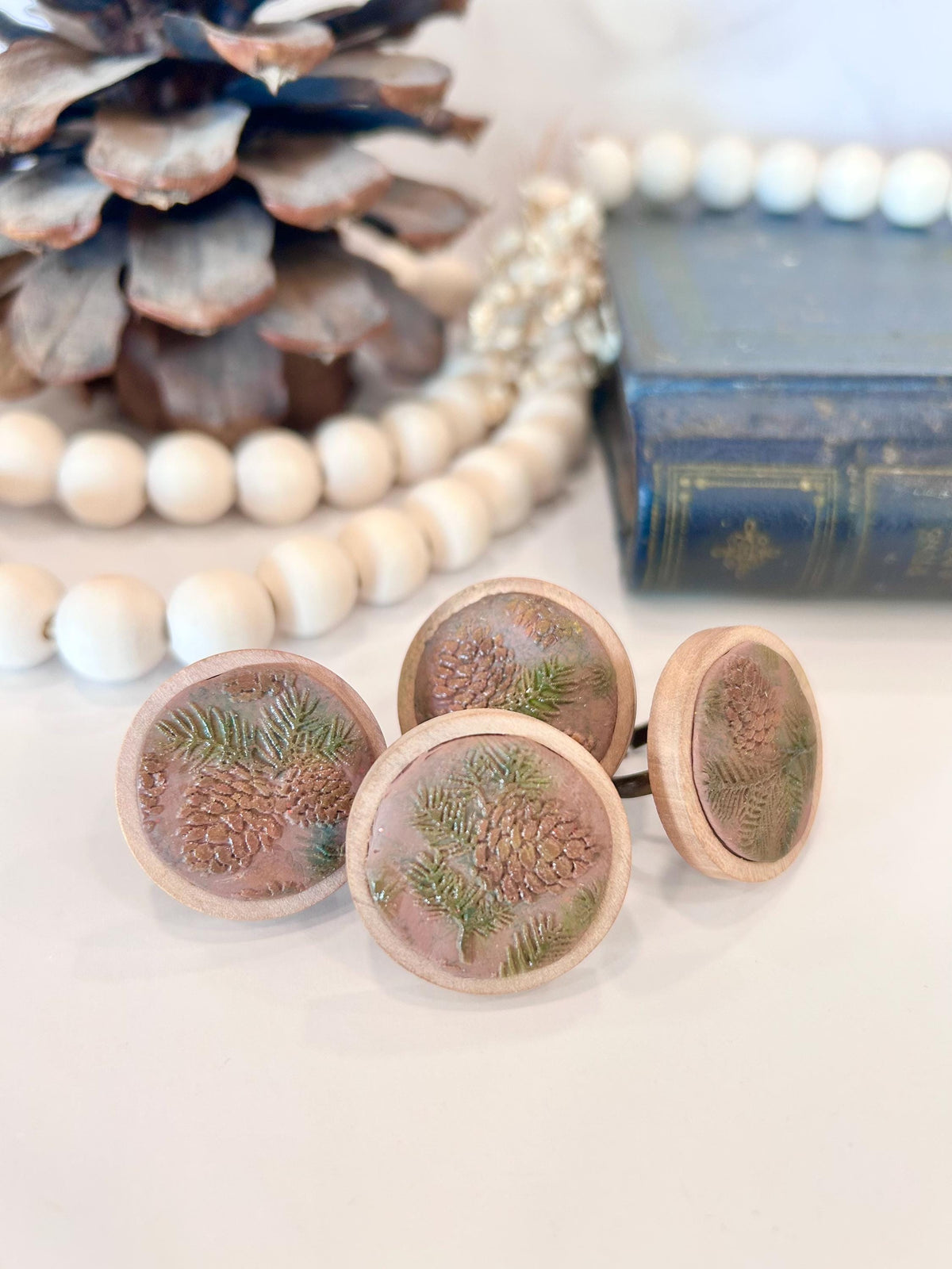 Handmade Pinecone Statement Ring: Mocha Clay & Wood, Adjustable Boho Jewelry