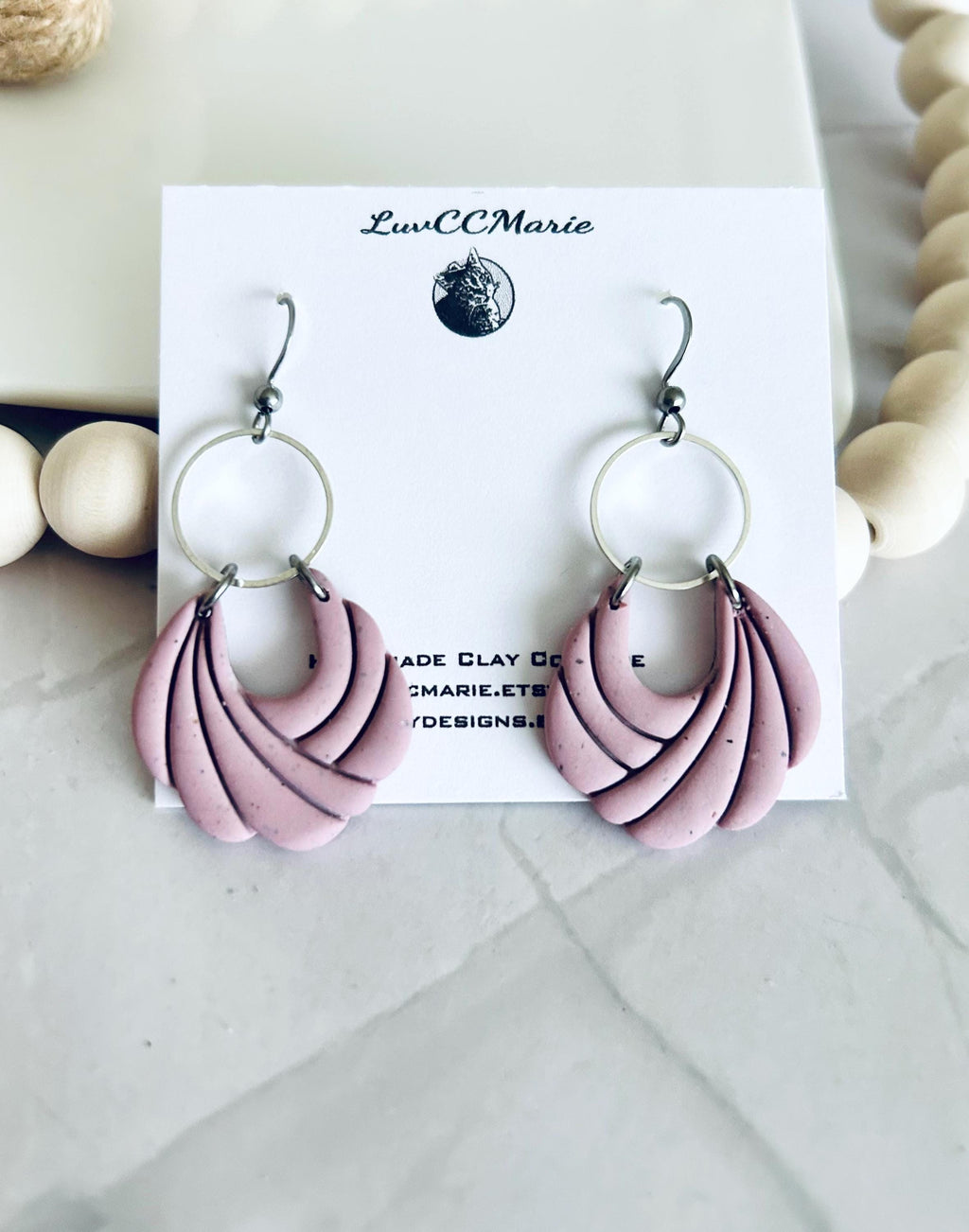 Dusty Pink Handmade Clay Dangle Earrings, Hoop Charm Dangles, Everyday Jewelry