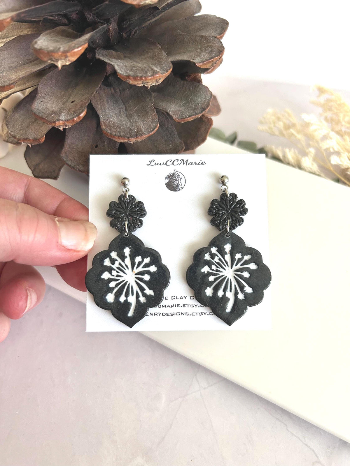 Black Dandelion Statement Earrings, White Floral Clay Dangles, Handmade Jewelry Gift for Her